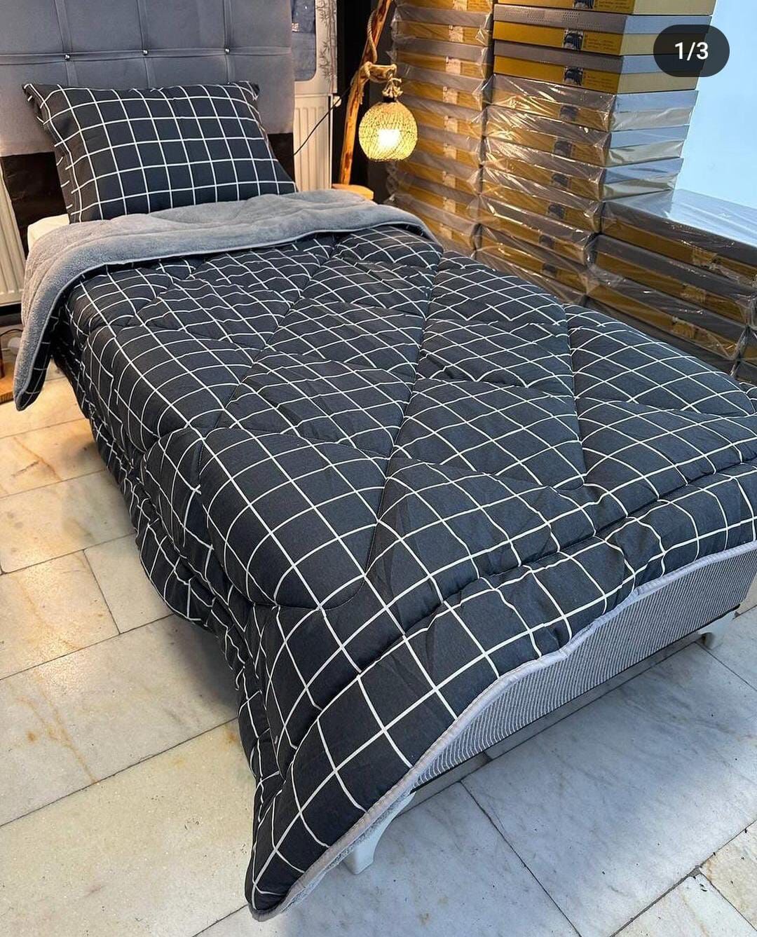 TEK KİŞİLİK WELSOFT YORGAN UYKU SETİ-ANTRASİT KARE (5 ADET)