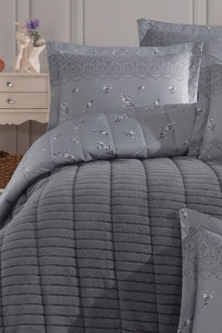 Yeni Nesil Çift Kişilik Striped Yatak Örtüsü Seti - 3'ü 1 arada (ANTRASİT)