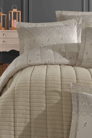 Yeni Nesil Çift Kişilik Striped Yatak Örtüsü Seti - 3'ü 1 arada (KREM)