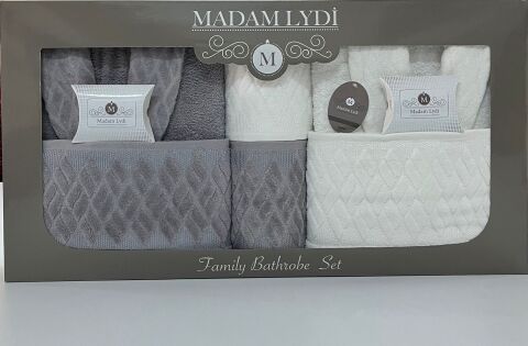 MADAM LYDİ AİLE BORNOZ SETİ - 8 PARÇA (GRİ-BEYAZ)