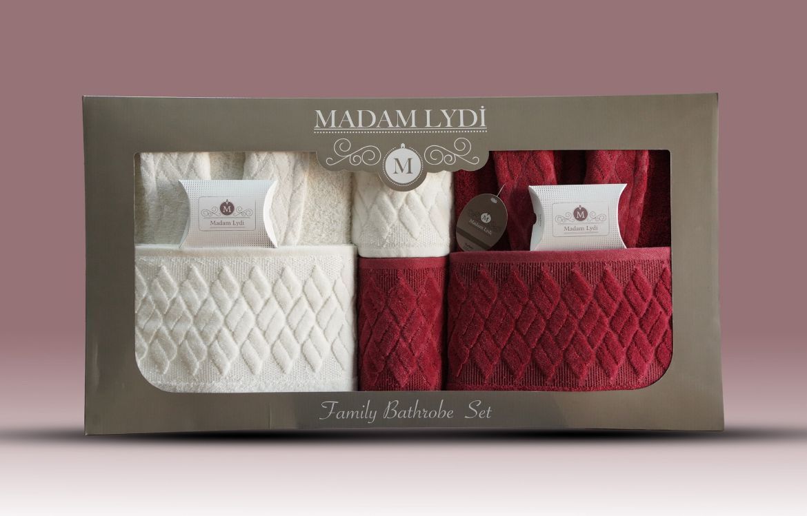 MADAM LYDİ AİLE BORNOZ SETİ - 8 PARÇA (BORDO-BEYAZ)