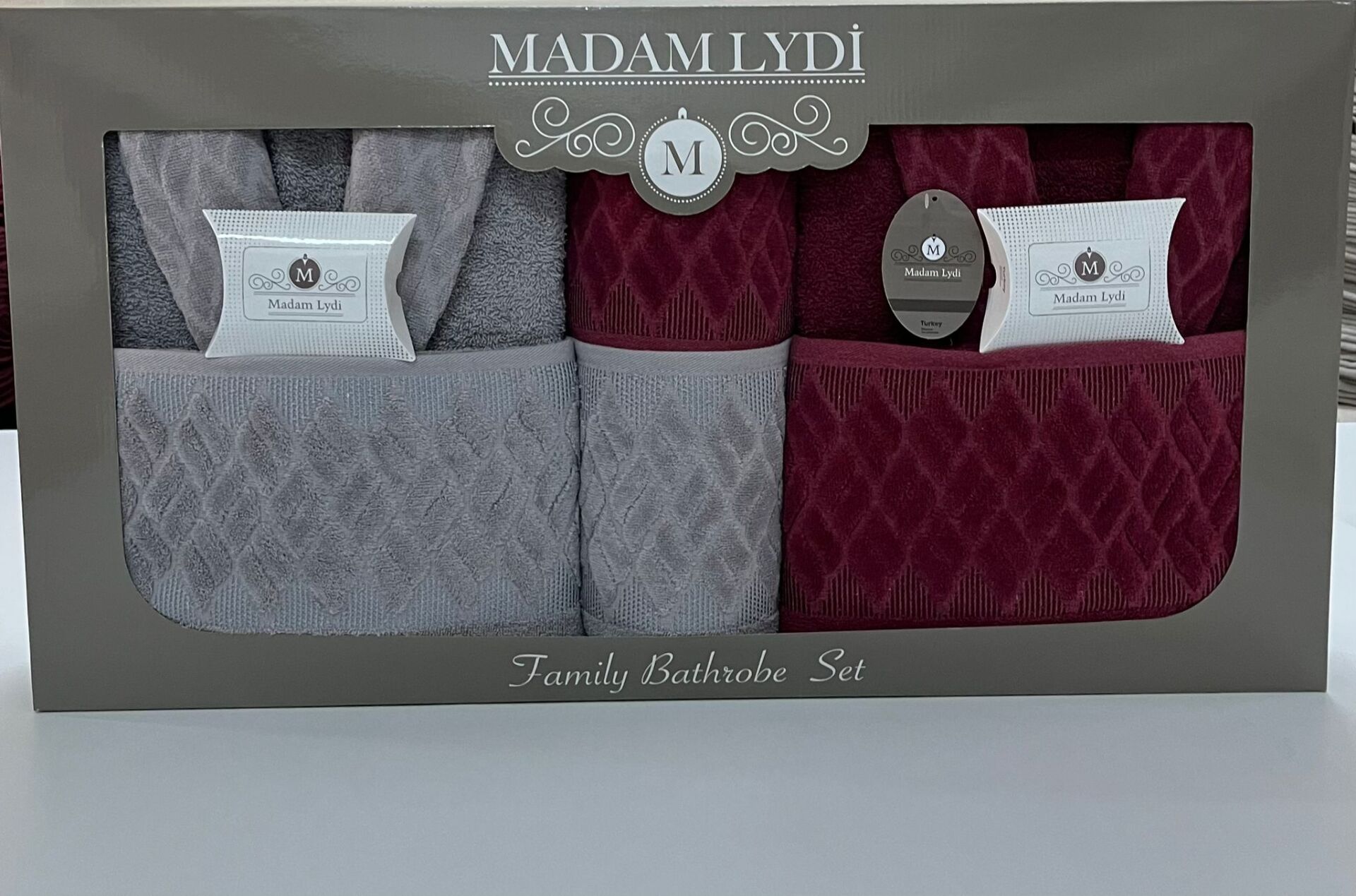 MADAM LYDİ AİLE BORNOZ SETİ - 8 PARÇA (BORDO-GRİ)