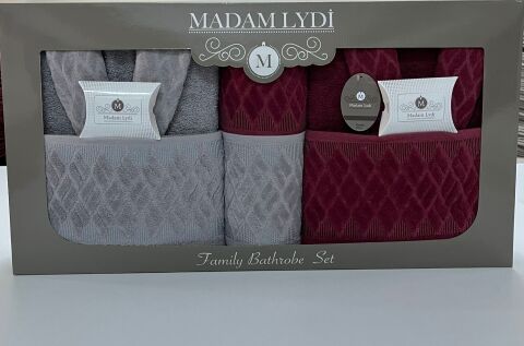 MADAM LYDİ AİLE BORNOZ SETİ - 8 PARÇA (BORDO-GRİ)