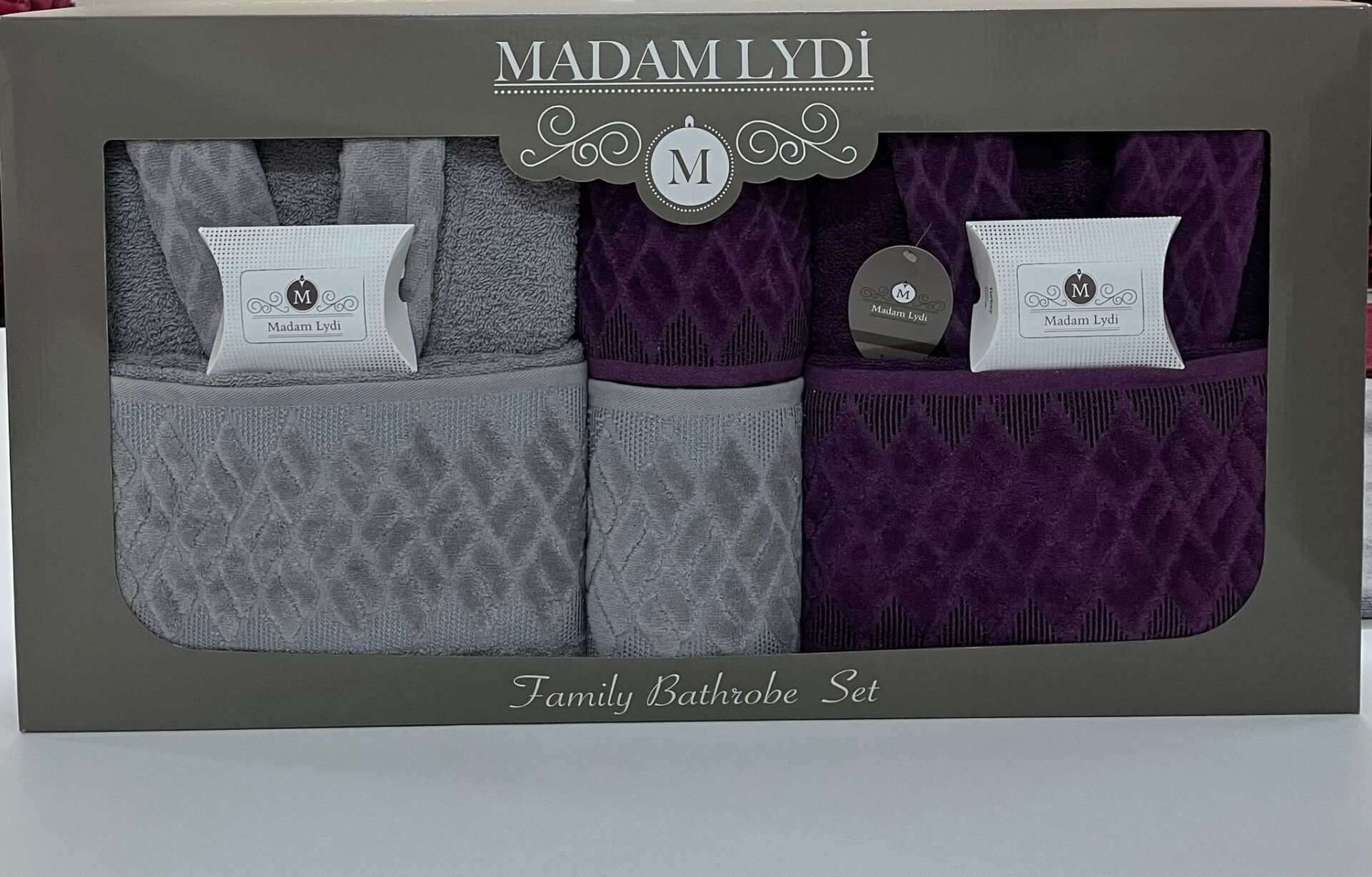 MADAM LYDİ AİLE BORNOZ SETİ - 8 PARÇA (MOR-GRİ)