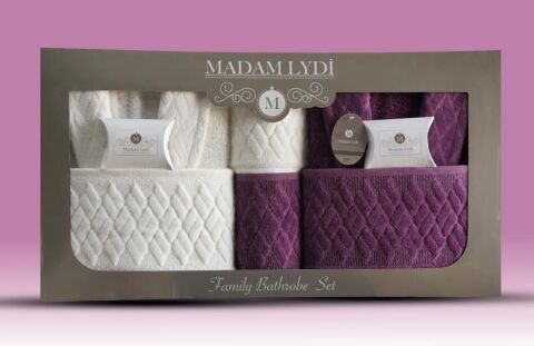 MADAM LYDİ AİLE BORNOZ SETİ - 8 PARÇA (MOR-BEYAZ)