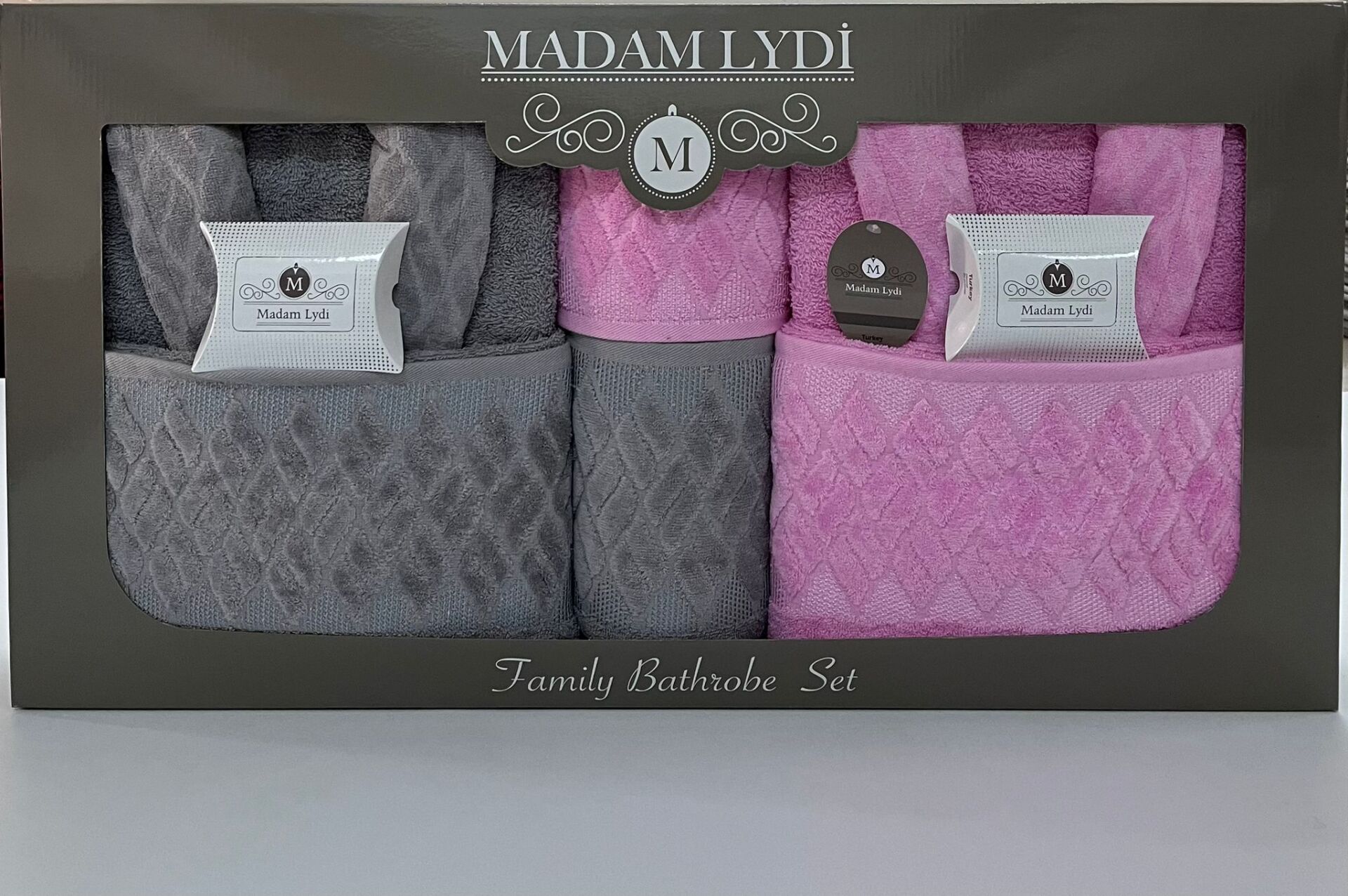 MADAM LYDİ AİLE BORNOZ SETİ - 8 PARÇA (PUDRA-GRİ)