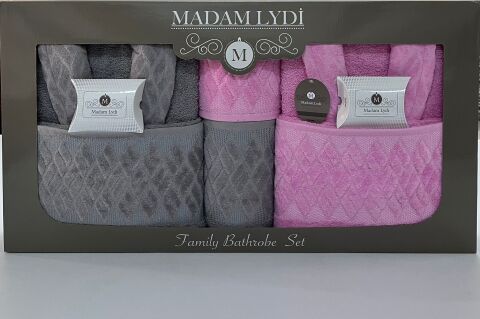 MADAM LYDİ AİLE BORNOZ SETİ - 8 PARÇA (PUDRA-GRİ)