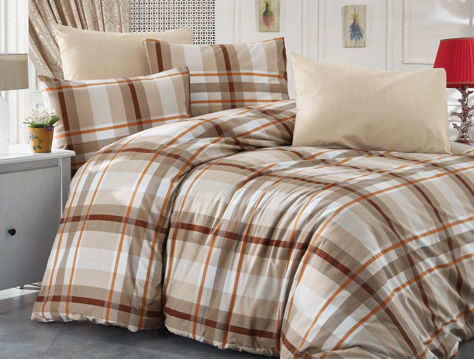 ÇİFT KİŞİLİK KAHVE EKOSE NEVRESİM TAKIMI