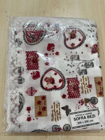 FİSTOLU JARSE SOFRA BEZİ-KIRMIZI KALP (200x200cm)