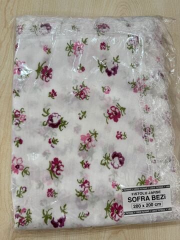 FİSTOLU JARSE SOFRA BEZİ-MOR MİNİK ÇİÇEK (200x200cm)