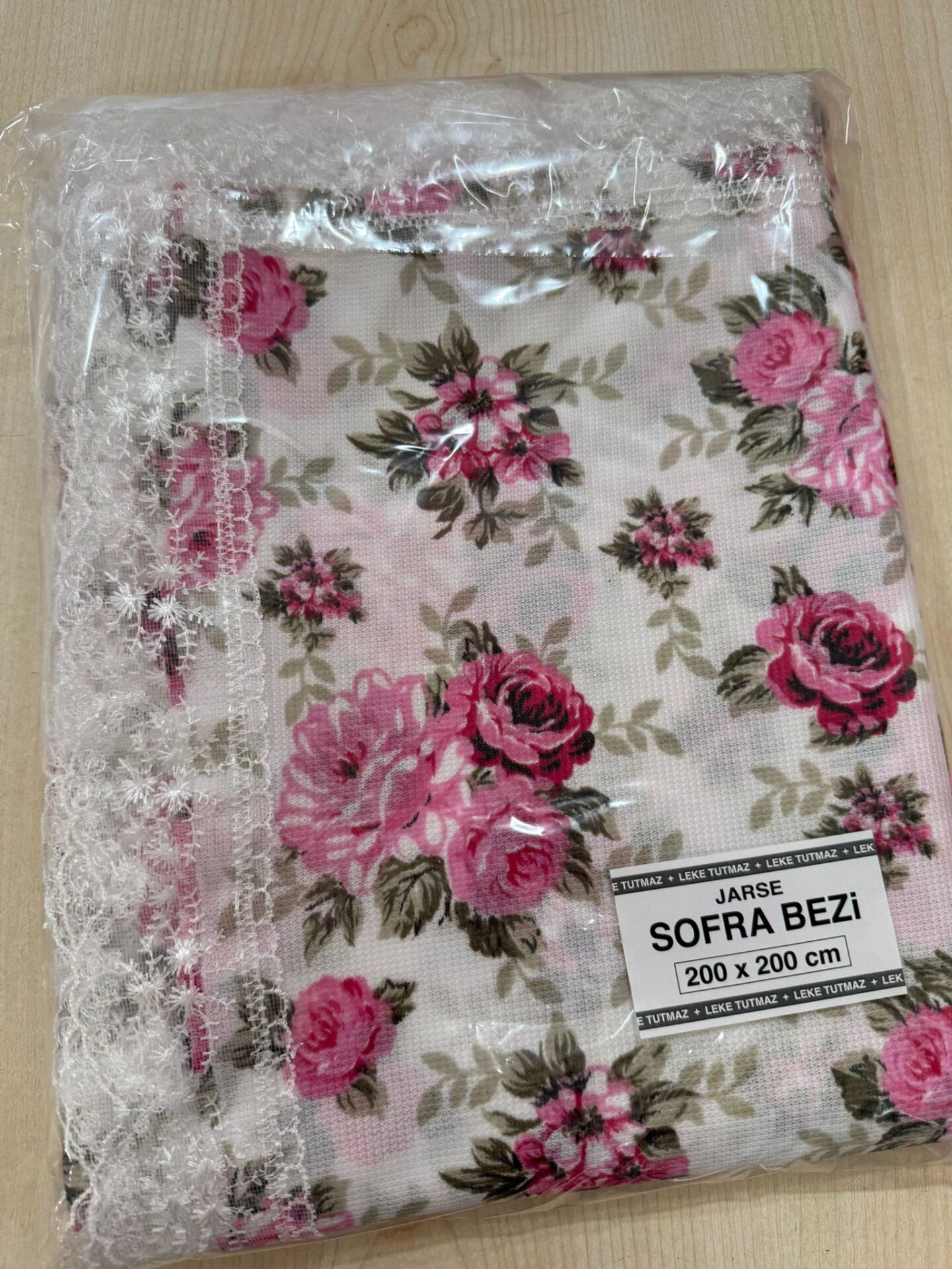 FİSTOLU JARSE SOFRA BEZİ-PEMBE GÜL (200x200cm)