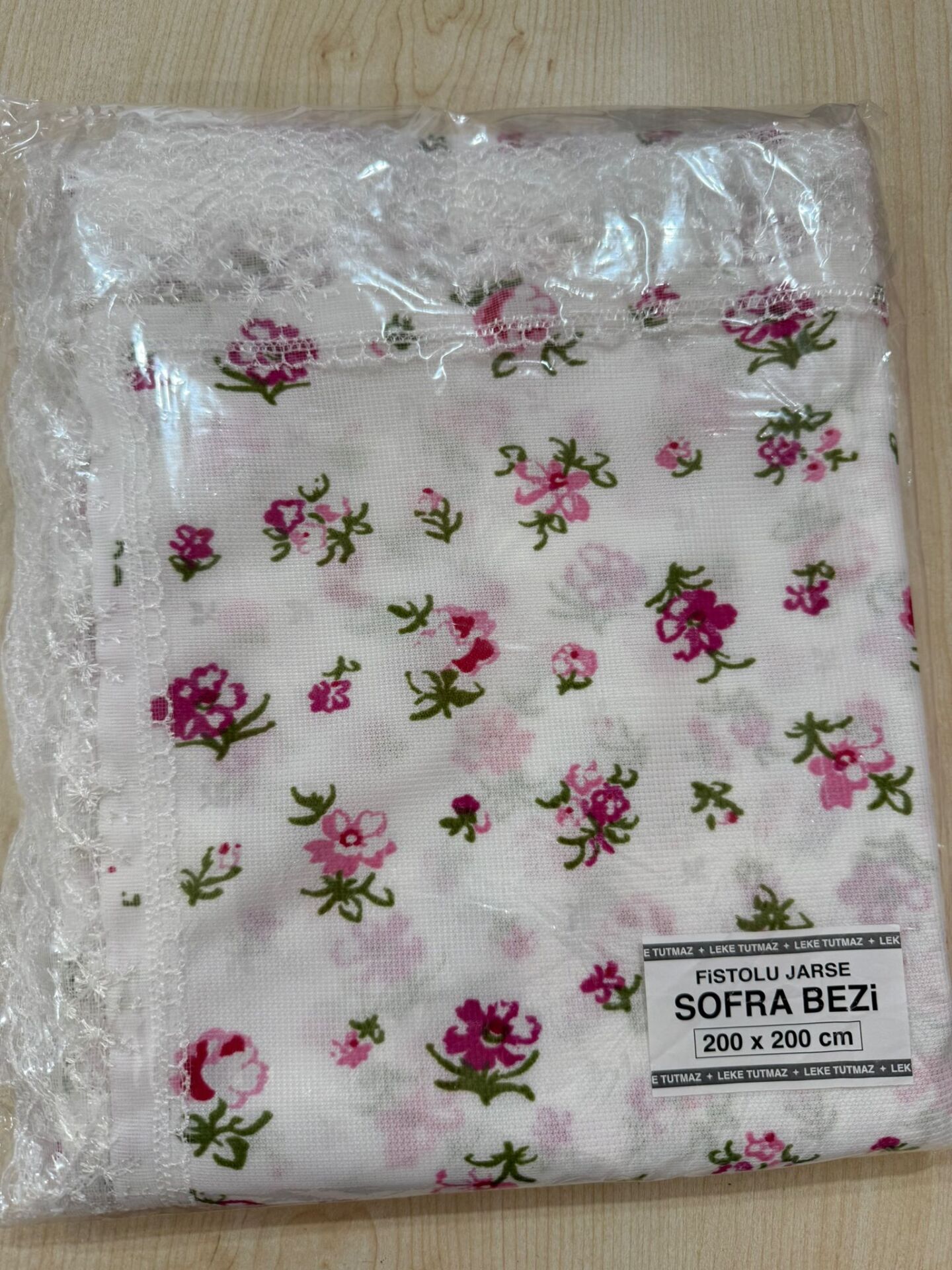 FİSTOLU JARSE SOFRA BEZİ-PEMBE MİNİK ÇİÇEK (200x200cm)